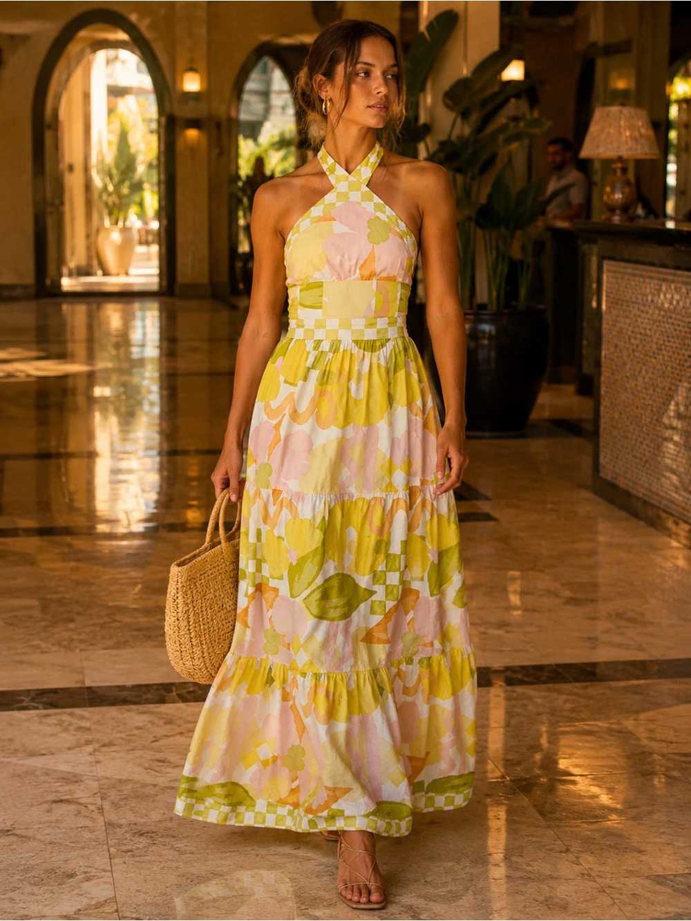Sabo True Dress Checker Floral Halter Maxi Dress Linen Tiered Skirt 4 Small